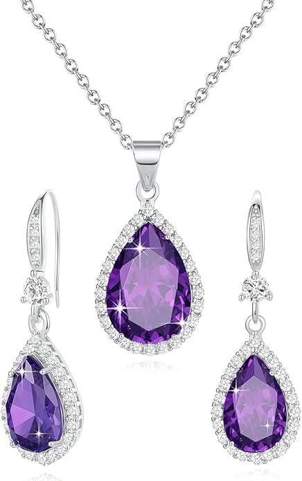 Sumonyo Women Jewelry Set Silver/Gold Plated Teardrop Pendant Necklace Dangle Drop Earrings Dangling Sets Birthstone Crystals Rhinestone,Birthday Anniversary Wedding Mother’s Day Gifts for Women