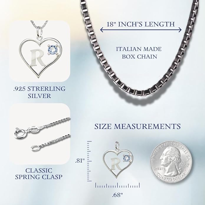 Icy Jewelry Silver Sterling Necklace Initial Letter A-Z Birthstone for Women – Personalized Custom Jewelry Pendant with Heart Design Customized Dainty Charm for Wife Girlfriend Mom – 18" Box Chain