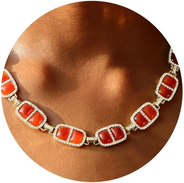 Chunky Necklace for Women 12 Colors Diamond Stone Gold Statement Necklace for Women Full Trendy Blue Birthstone Choker Necklace for Women Square Design Necklace Jewelry