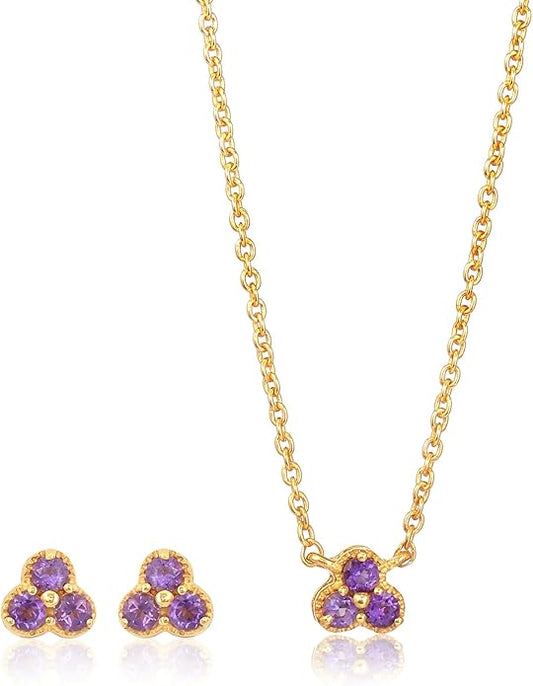 DEVSHINE 925 Sterling Silver Cluster Pendant & Earring Set with 2.5mm Round Natural Gemstones – Dainty Floral Design, Chain Included – Citrine, Rhodolite Garnet, Amethyst, Red Garnet & Sky Blue Topaz, 14K Gold & Rhodium Plating – Gift for Women