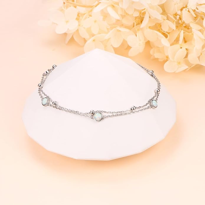 FLYOW Anklet for Women S925 Sterling Silver Adjustable Foot Beaded Heart Charm Ankle Bracelet Anklets Jewelry