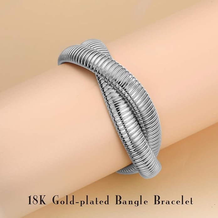 Emibele Gold Bangles Bracelet Set for Women, 18K Gold Plated Chunky Stainless Steel Non Tarnish Stretch Bracelet Stack, Flexible Wide Wristband Bangle Layered Snake Chain Bracelets