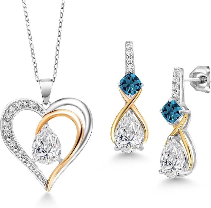 925 Silver and 10K Yellow Gold IGI Certified Lab Grown Diamond and Gemstone Birthstone Heart Pendant Necklace Earrings Set | Pear 8X6MM, Cushion 4MM | Two-Tone Fine Jewelry for Women | 18 Inch Chain