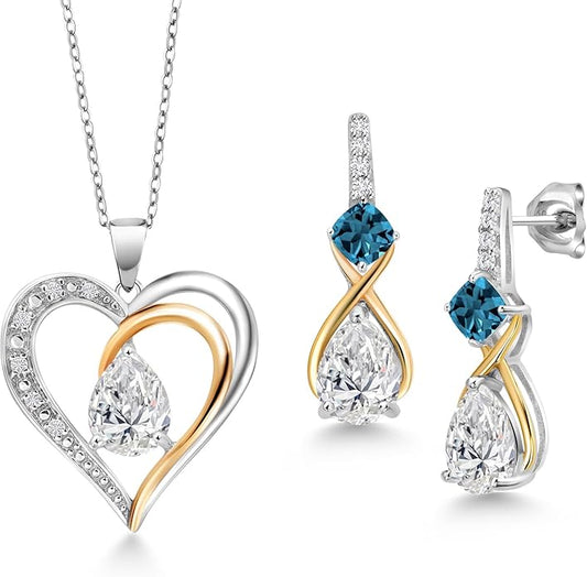 925 Silver and 10K Yellow Gold IGI Certified Lab Grown Diamond and Gemstone Birthstone Heart Pendant Necklace Earrings Set | Pear 8X6MM, Cushion 4MM | Two-Tone Fine Jewelry for Women | 18 Inch Chain