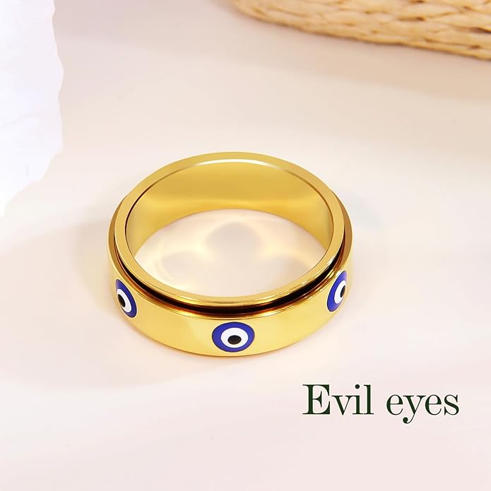 Evil Eye Fidget Ring for Women - 18K Gold Plated Stainless Steel Spinner Rings for Anxiety Relief, Ojo Turco Ring Luck Amulet, Turkish Faith Protection Stackable Jewelry Gift for Women Men