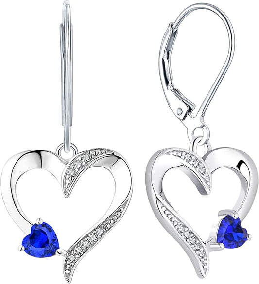YL Heart Dangle Earrings 925 Sterling Silver Drop Earrings Birthstone Leverback Jewelry for Women