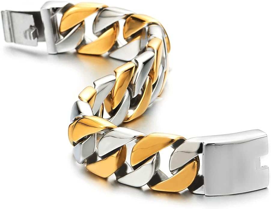 COOLSTEELANDBEYOND Mens Stainless Steel Large Curb Chain Link Bracelet Solid Curb Chain Wristband Biker Punk Jewelry Masculine Accessory