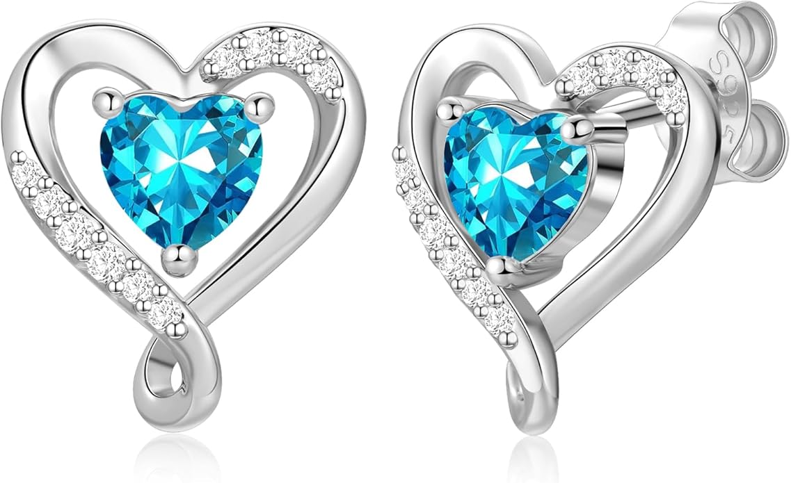 Earrings for Women, S925 Sterling Silver Rose Gold Birthstone Heart Studs Earring for Girlfriend Wife, Anniversary Birthday Christmas Valentines Mothers Day Gifts Jewelry for Women Wife Her Mom