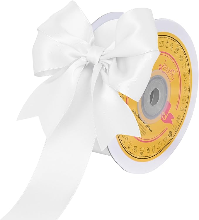 LEEQE Double Face White Satin Ribbon 1-1/2 inch X 25 Yards Polyester White Ribbon for Gift Wrapping Very Suitable for Weddings Party Hair Bow Invitation Decorations and More