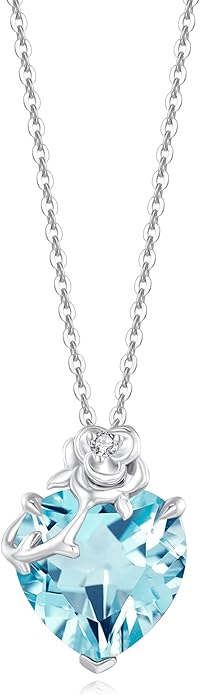 FANCIME 14K Solid White Gold Rose Pendant with Sterling Silver Chain Heart Birthstone Gemstone Fine Jewelry Christmas Gifts for Women Her