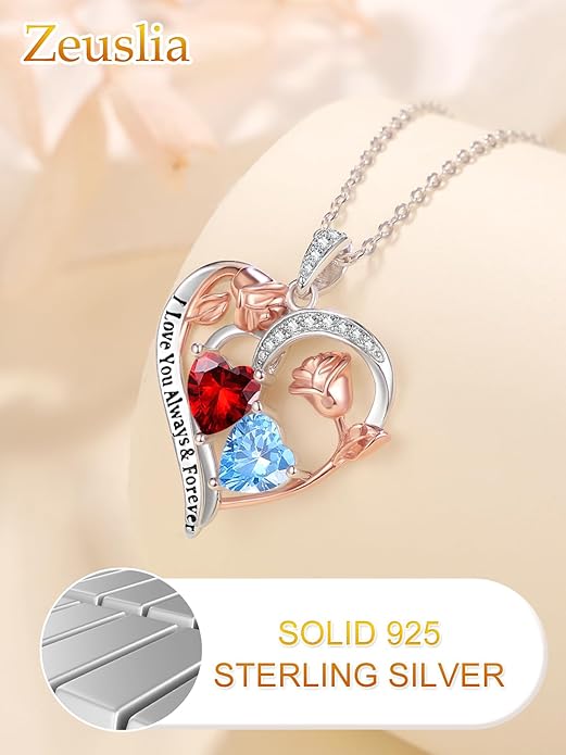 Zeuslia Double Birthstone Necklace Gifts for Wife - 925 Sterling Silver Sunflower/Rose/Crown Cross/Compass/Heart Pendant I Love You Necklace, Anniversary Birthday Gifts for Wife Girlfriend Mom Her