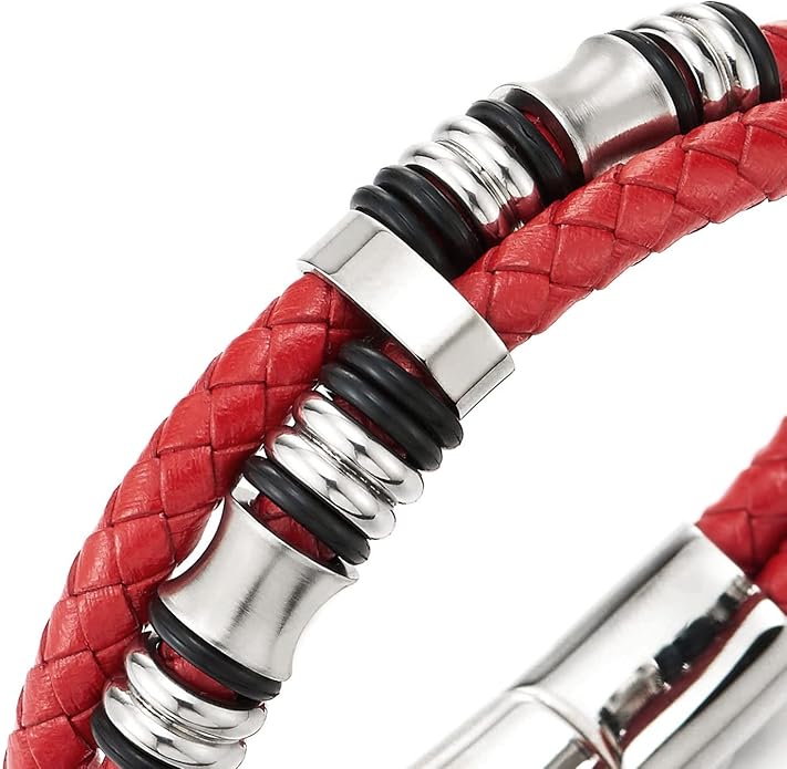 COOLSTEELANDBEYOND Mens Double-Row Braided Leather Bracelet Bangle Wristband with Stainless Steel Ornaments