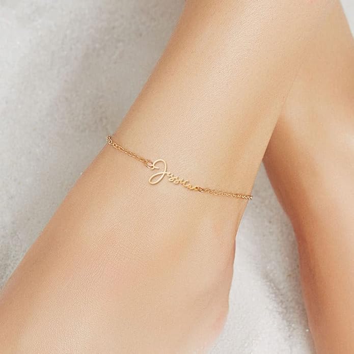 PicturesOnGold.com Custom Name Anklets for Women in Sterling Silver or 14K Gold Personalized Ankle Bracelet Jewelry With Any Name or Word