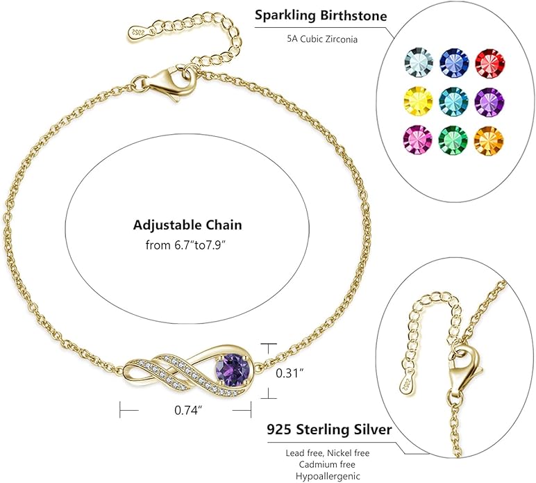 Birthstone Bracelets for Women 925 Sterling Silver Created Gemstone Bracelet Infinity Pendant Jewelry for Her, 6.7"+1.2"
