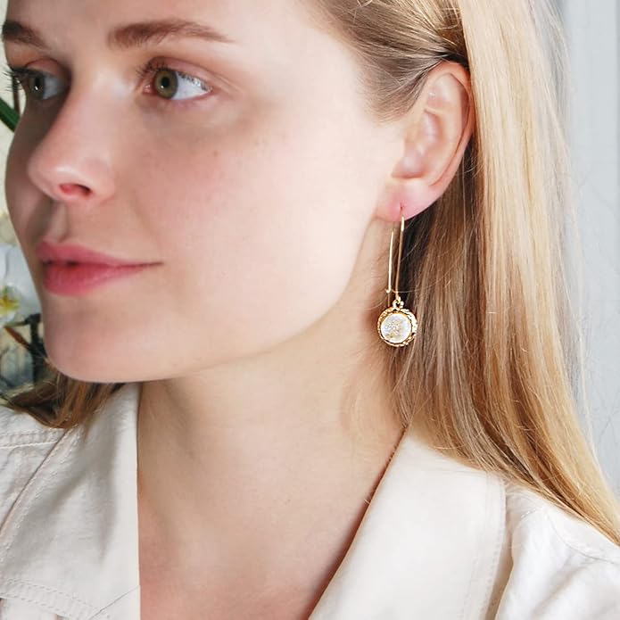 Simulated Druzy Threader Drop Earrings for Women - Gold, Silver, or Rose Gold Tone Trendy Boho Dangles with Sparkly Round Stone