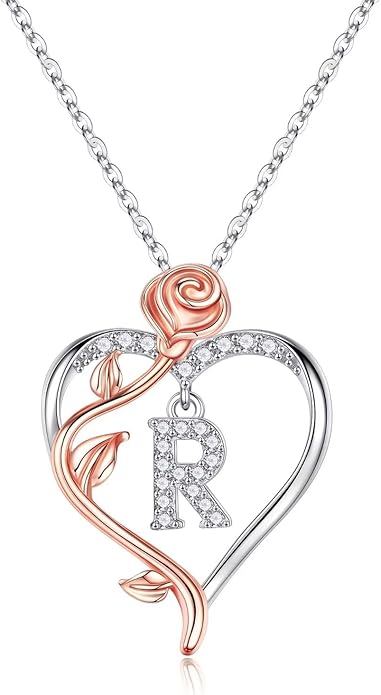 Yesteel Rose Heart Initial Necklaces Gifts for Women Teen Girls, Rose Love Heart Letter Pendant Necklace Jewelry Mothers Day Valentines Anniversary Birthday Gifts for Her Women Wife Girlfriend