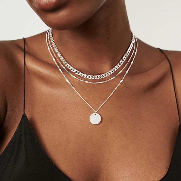 Layered Gold Silver Necklaces for Women, Stackable Stack 14K Real Gold Plated Silver Chain Necklace Diamond Circle CZ Layering Pendant Necklaces Trendy Gold Jewelry Set Gifts