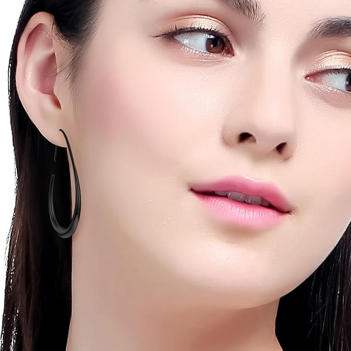 Lightweight Teardrop Hoop Earrings for Women - 14k Gold/White Gold Plated Large Oval Pull Through Hoop Earrings High Polished Statement Jewelry Gift for Women