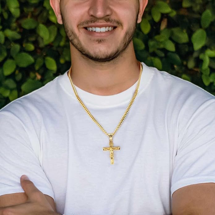 Gold Cross Necklace for Men 14K Gold Cross Necklace for Men Crosses Chain Necklaces for Mens Paired with 4.3mm Cuban Chain Crucifix Pendant Mens Crosses Necklaces 20/22/24in