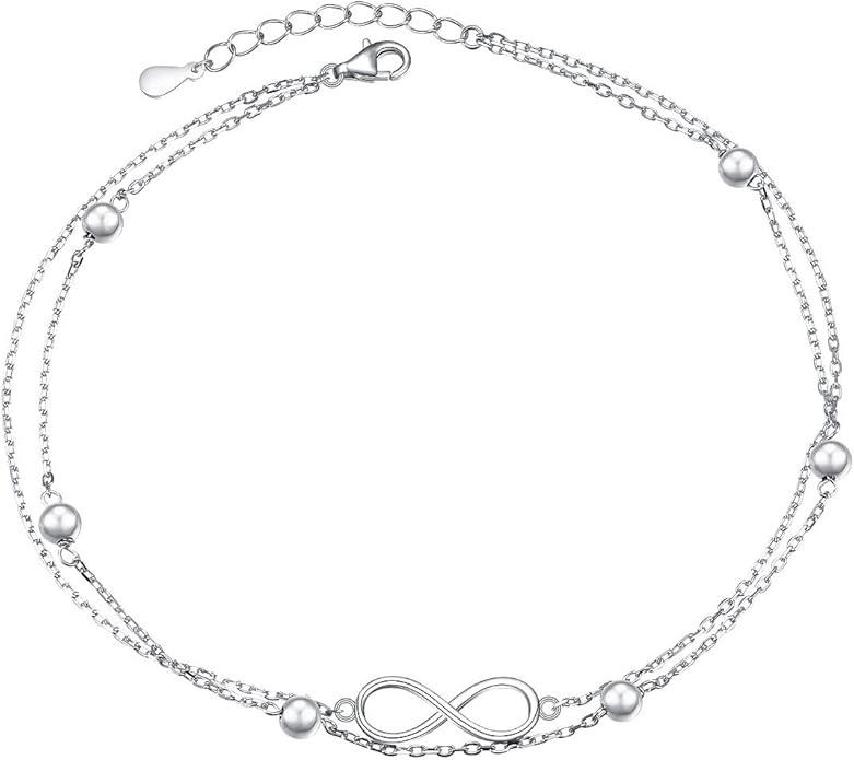 FLYOW Anklet for Women S925 Sterling Silver Adjustable Foot Beaded Heart Charm Ankle Bracelet Anklets Jewelry
