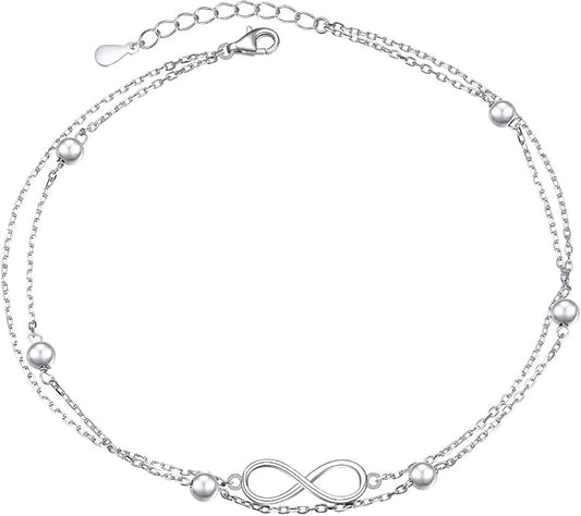 FLYOW Anklet for Women S925 Sterling Silver Adjustable Foot Beaded Heart Charm Ankle Bracelet Anklets Jewelry