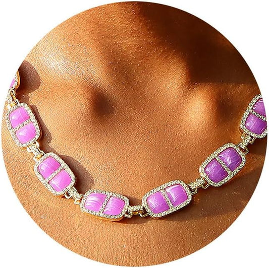 Chunky Necklace for Women 12 Colors Diamond Stone Gold Statement Necklace for Women Full Trendy Blue Birthstone Choker Necklace for Women Square Design Necklace Jewelry