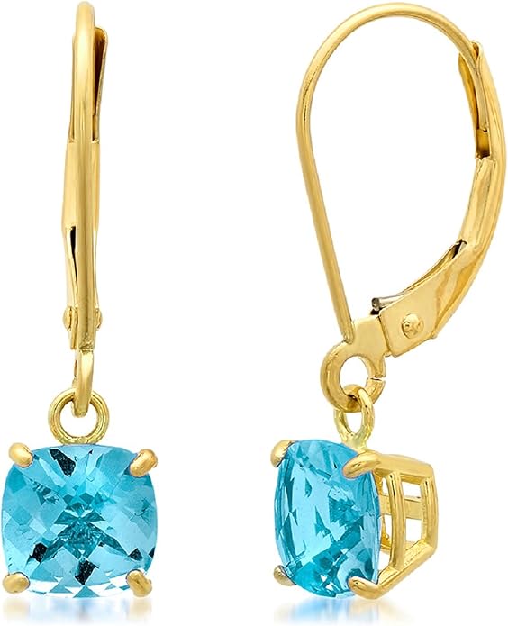 Solid 10K Gold Cushion Cut Dangle Gemstone Earrings for Women | 6mm Gemstone Birthstone Earrings | Checkerboard 10 Karat Gold Dangle Drop Leverback Earring for Women by MAX + STONE