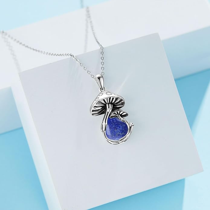 YAFEINI Mushroom Necklace Moonstone/Moss Agate/Malachite/Labradorite/Turquoise/Amber/Larimar/Black Onyx/Lapis Lazuli/Peridot/Opal Sterling Silver Mushroom Pendant Mother's Day Jewelry for Women Mom
