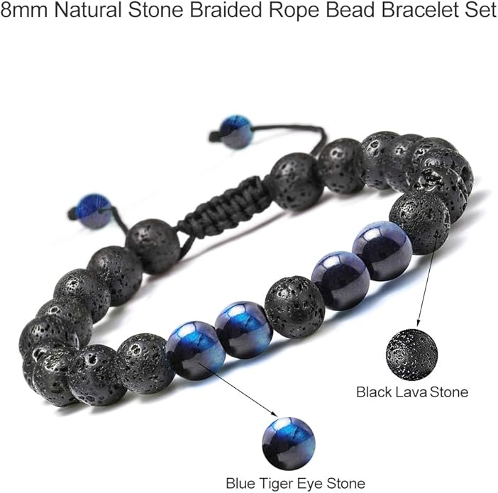 M MOOHAM Natural Stone Bracelets for Men - 8mm Tiger Eye, Matte Agate, Lava Rock - Teen Boys Gifts for Birthday, Anniversary, Christmas