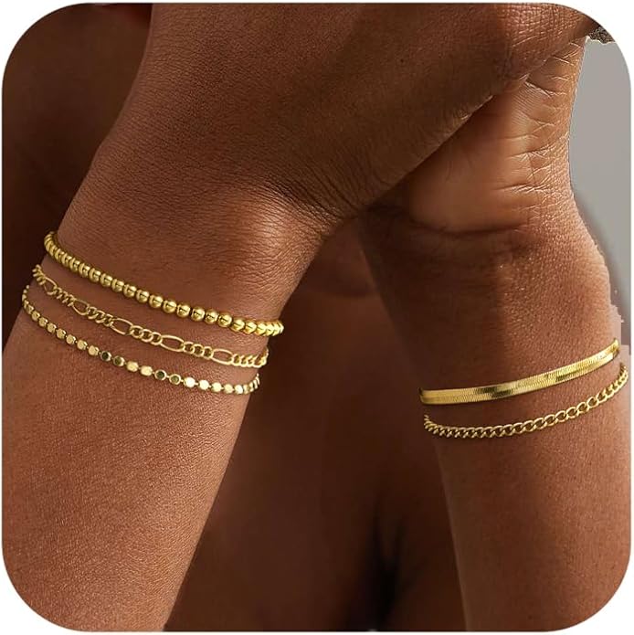 DEARMAY 14K Gold Plated Bracelets for Women Waterproof, Jewelry Sets Trendy Thin Dainty Stackable Cuban Link Paperclip Chain Bracelet Pack Fashion Accessories Gifts for Womens