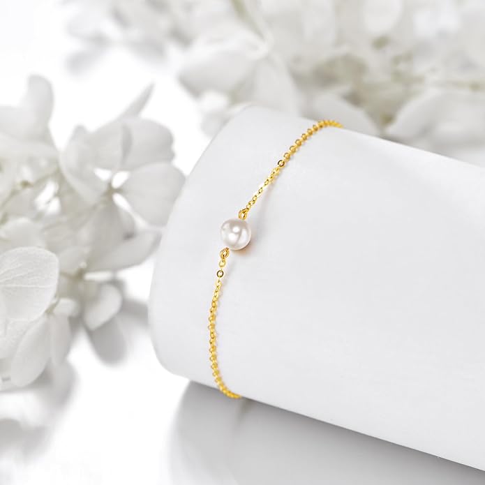 KECHO 14K Real Gold Freshwater Cultured Pearl Bracelet 14K Solid Gold Jewelry Anniversary Birthday Gift for Women
