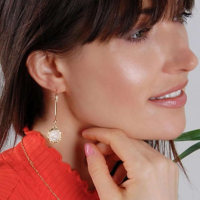Simulated Druzy Threader Drop Earrings for Women - Gold, Silver, or Rose Gold Tone Trendy Boho Dangles with Sparkly Round Stone