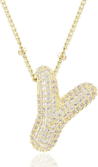 Letter Necklace, 14k Gold Plated Bubble Balloon Dainty Necklace for Women, Chunky Initial Charm Pendant Name Necklace Personalized