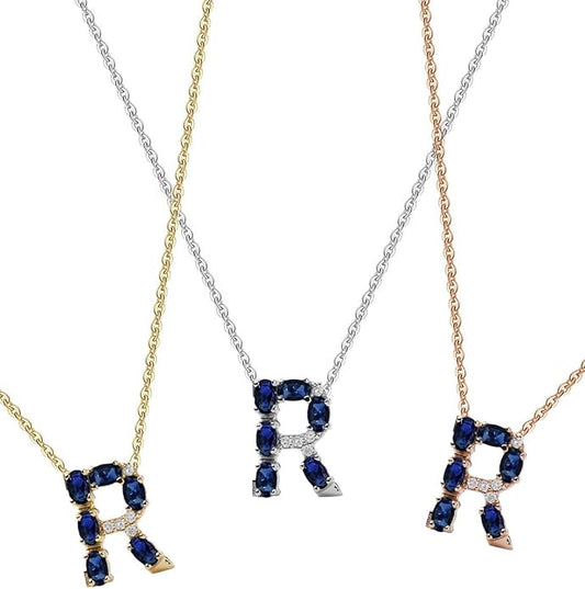 Albert Hern Blue Sapphire Initial Necklace With Diamonds & 18K Gold Chain | Irresistible Letter Pendants Jewelry | Perfect Valentine’s Day, Anniversary & Birthday Gift