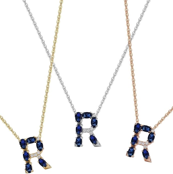 Albert Hern Blue Sapphire Initial Necklace With Diamonds & 18K Gold Chain | Irresistible Letter Pendants Jewelry | Perfect Valentine’s Day, Anniversary & Birthday Gift