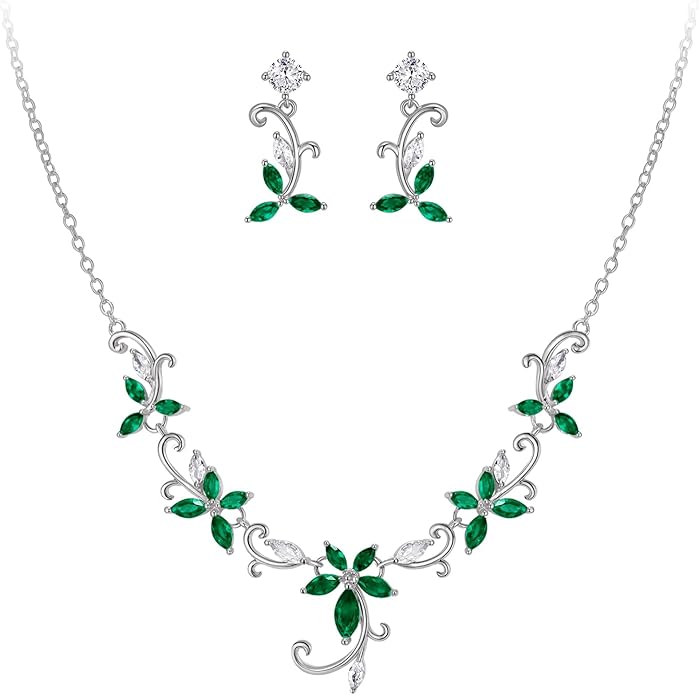 Crysdue Flower Leaf Wedding Jewelry Set for Bridal Bridemaid, Cubic Zirconia Teardrop Elegant Silver/14K/Rose Gold Plated Vine Necklace Dangle Earrings for Prom Party