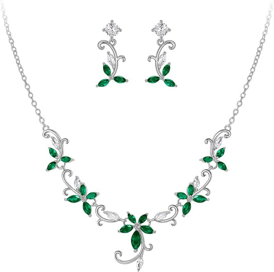 Crysdue Flower Leaf Wedding Jewelry Set for Bridal Bridemaid, Cubic Zirconia Teardrop Elegant Silver/14K/Rose Gold Plated Vine Necklace Dangle Earrings for Prom Party