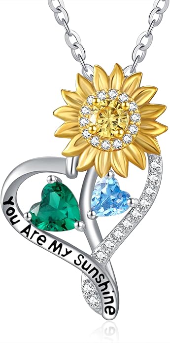 Zeuslia Double Birthstone Necklace Gifts for Wife - 925 Sterling Silver Sunflower/Rose/Crown Cross/Compass/Heart Pendant I Love You Necklace, Anniversary Birthday Gifts for Wife Girlfriend Mom Her