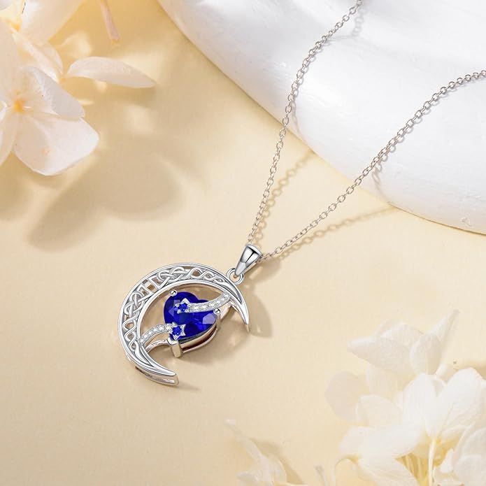TOUPOP Moon and Star Birthstone Necklace for Women 925 Sterling Silver Celtic Moon Jewelry Birthday Christmas Gifts for Her Girlfriend