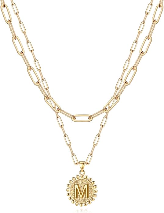 Yoosteel Gold Initial Necklaces for Women, 14K Gold Plated Dainty Layering Paperclip Link Chain Necklace Coin Initial Layered Necklaces for Women Personalized Birthday Gifts