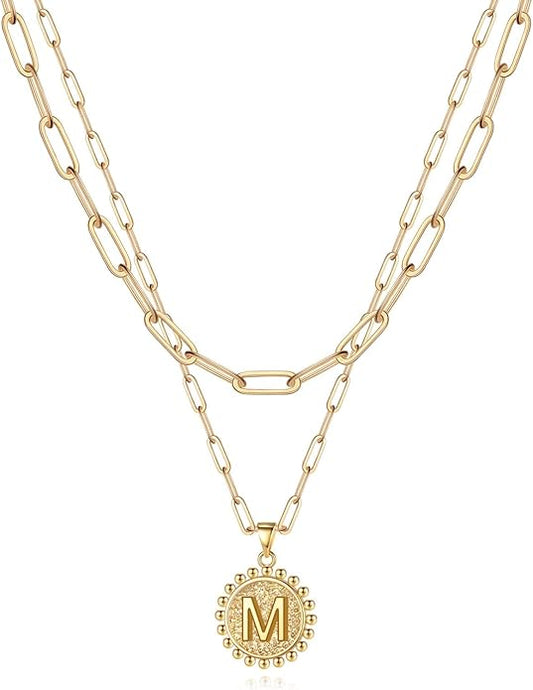 Yoosteel Gold Initial Necklaces for Women, 14K Gold Plated Dainty Layering Paperclip Link Chain Necklace Coin Initial Layered Necklaces for Women Personalized Birthday Gifts