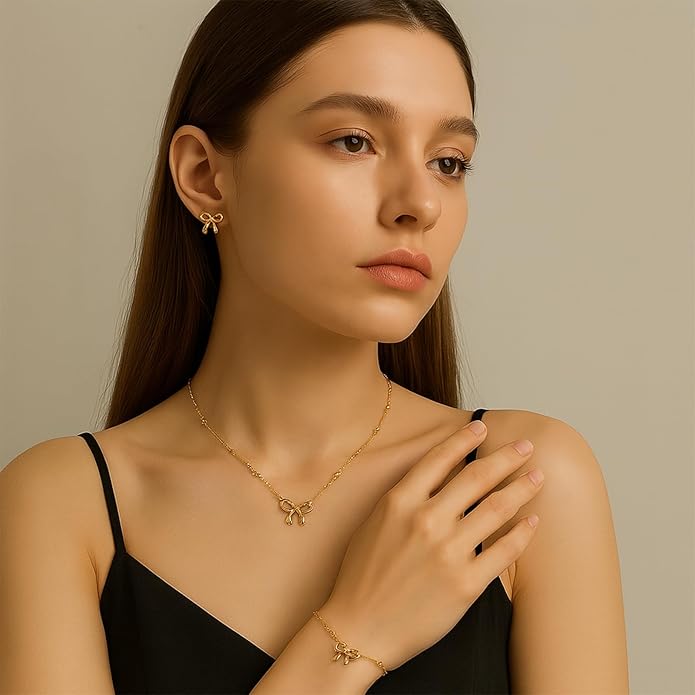 Bow Earrings Necklace Bracelet Set for Women Dainty Bowknot Jewelry Set Gold Pendant Necklace Ribbon Stud Earrings Cute Bow Accessories Elegant Gift for Her