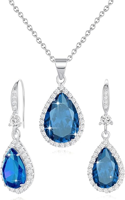 Sumonyo Women Jewelry Set Silver/Gold Plated Teardrop Pendant Necklace Dangle Drop Earrings Dangling Sets Birthstone Crystals Rhinestone,Birthday Anniversary Wedding Mother’s Day Gifts for Women