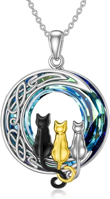 TOUPOP Christmas Cat Gifts for Cats Lovers One Two Three Four Cats Necklace Sterling Silver Cats on the Moon Pendant Necklace with Blue Circle Crystal Birthday Christmas Celtic Jewelry Gifts for Women