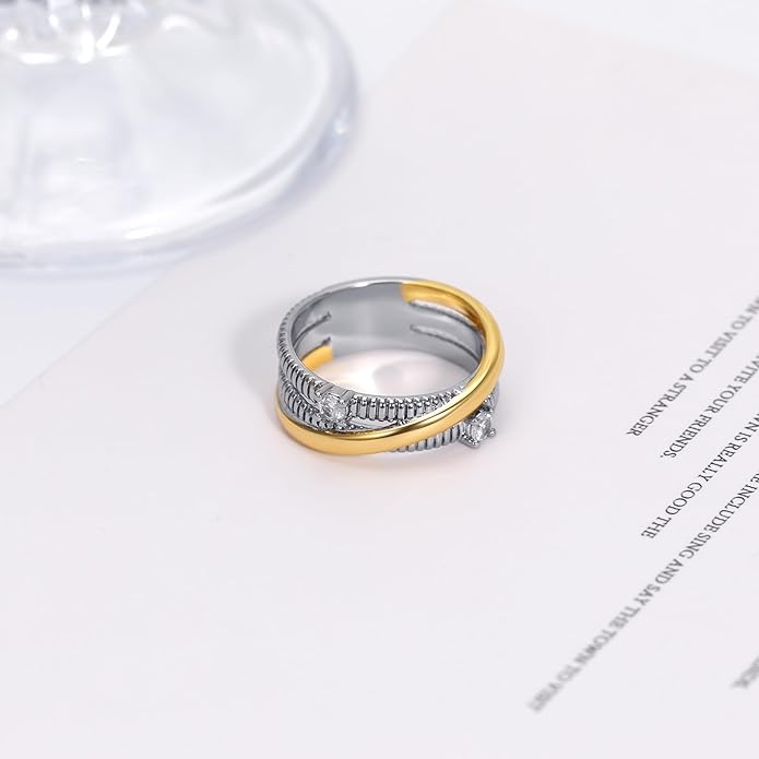 Two-Tone Wide Statement Ring for Women - Gold Silver Crossover Band with Ribbed Texture - Modern Fashion Jewelry Cocktail Ring - Mixed Metal Layered Design