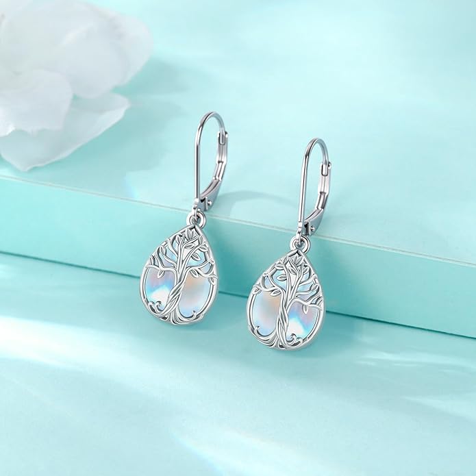 Eusense Sterling Silver Dangle Earrings for Women Tree of Life Animals Moonstone Turquoise Leverback Earrings Jewelry Gifts