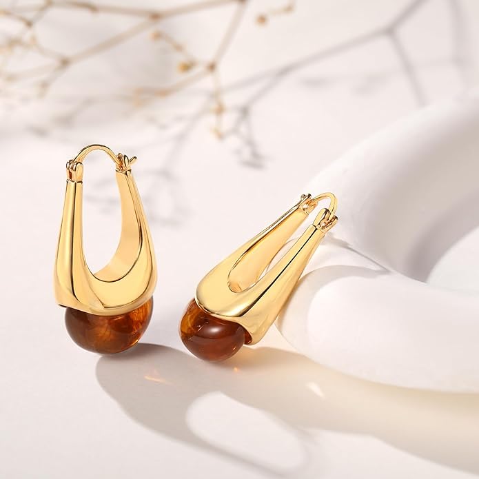 Vintage Gold Hoops Earrings for Women,Brown White Blue Pink Chunky Dangle Drop Jewelry with Resin Gemstones, Trendy Statement Earrings for Beach,Party, Vintage Gift for Travel Maximalist Jewelry