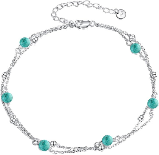 CRMAD Pearl/Moonstone/Larimar/Turquoise/Opal/Black Onyx Bracelet Anklet for Women Sterling Silver Beach Jewelry Gift for Women