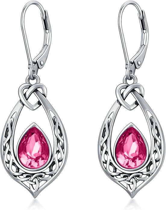 Celtic Knot Dangle Earrings 925 Sterling Silver Oxidized Vintage Drop Leverback Earrings with 8 * 6mm Simulated Birthstone Crystal Christmas Jewelry Gifts for Women (Gift Box)