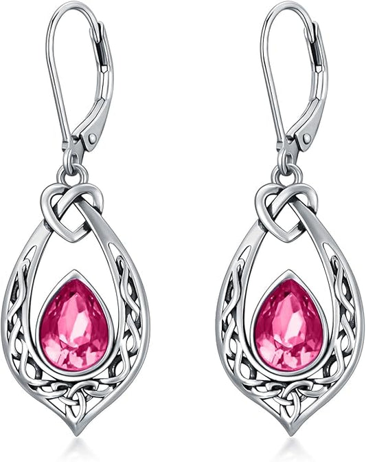 Celtic Knot Dangle Earrings 925 Sterling Silver Oxidized Vintage Drop Leverback Earrings with 8 * 6mm Simulated Birthstone Crystal Christmas Jewelry Gifts for Women (Gift Box)